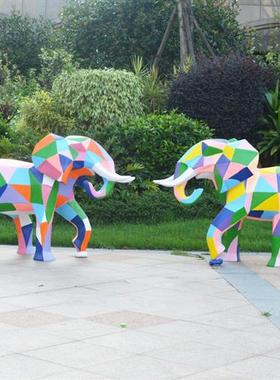 玻璃钢彷真大象雕塑户外彩绘几何动物发光园林景观装饰品摆件大型