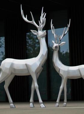 仿不锈钢鹿雕塑摆件银色金属梅花鹿酒店售楼部园林景观道具小品