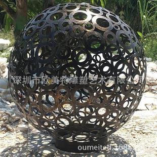 新中式 饰品摆件 复古做旧镂空灯光圆球艺术品不锈钢小品室内雕塑装