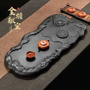 声器整块石雕茶具 天然乌金石茶台 雕刻大号艺术石头茶盘金蟾献宝