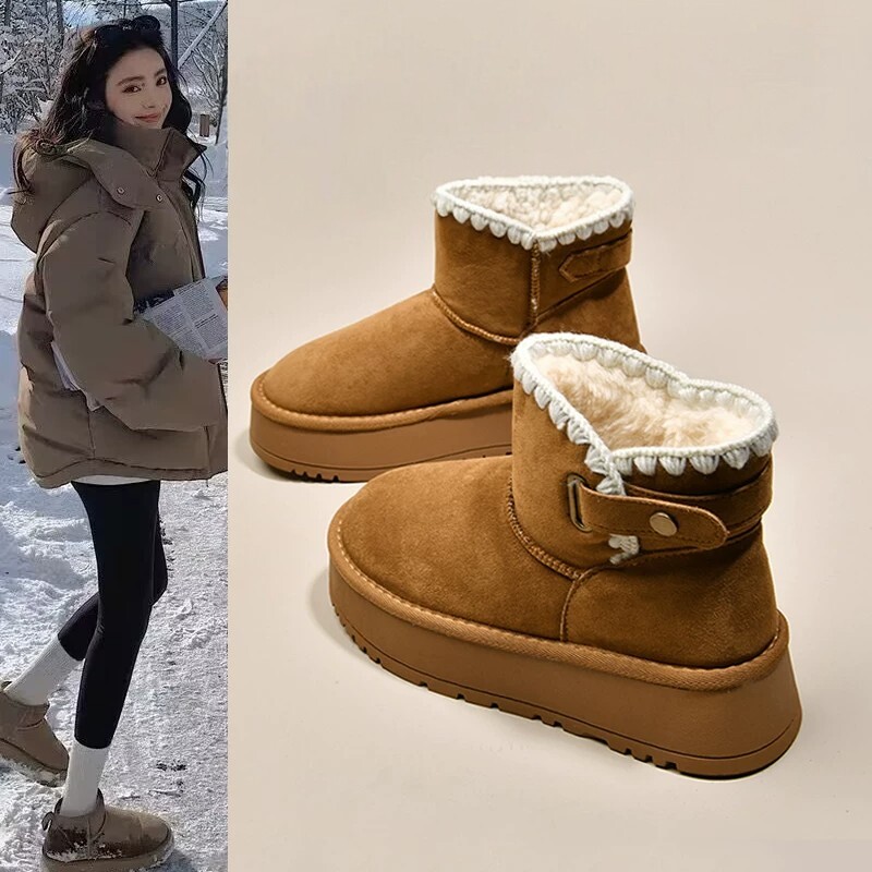 香港真皮厚底雪地靴2026年冬季新款女士短靴加绒加厚保暖东北棉鞋