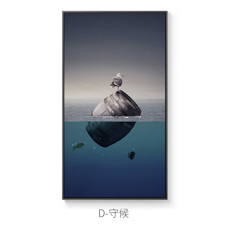 北欧创意玄关装饰画现代q简约单幅竖版过道黑白海景个性走廊墙画