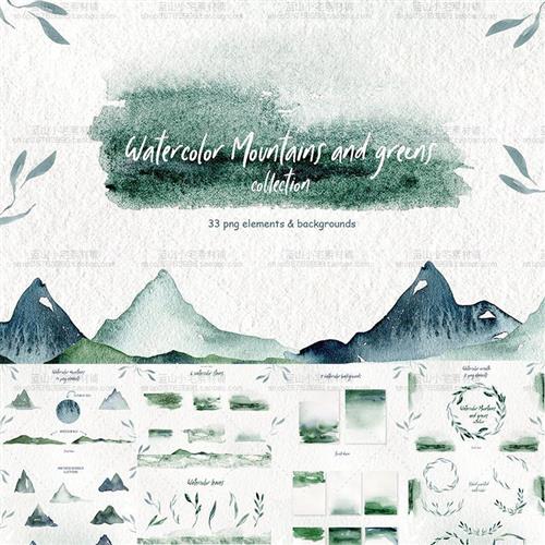 森系清新绿色山脉山川叶子花环花边水墨晕P染背景PNG免抠图PS素材