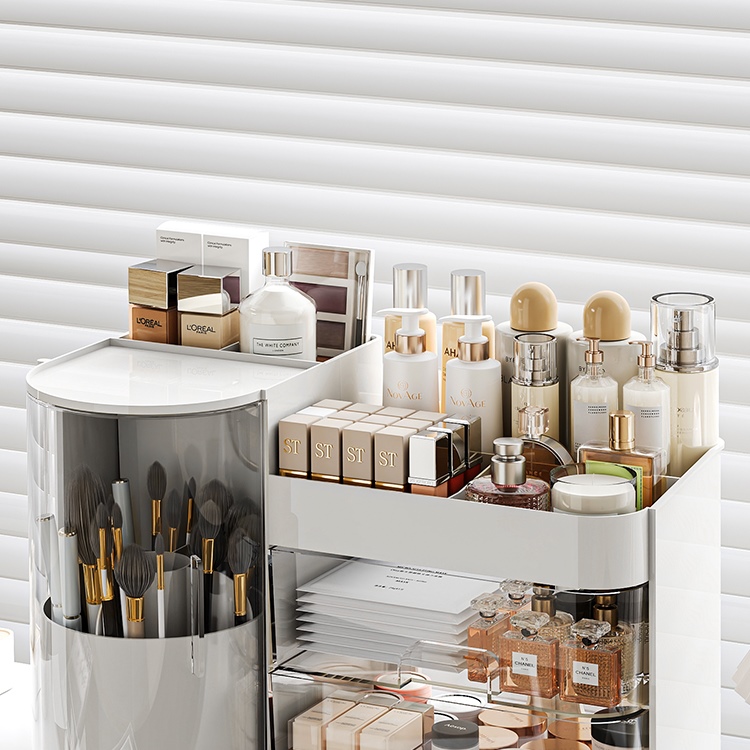 高级感化妆品口红收纳盒桌面旋转化妆刷筒大容量抽屉梳妆台储物箱