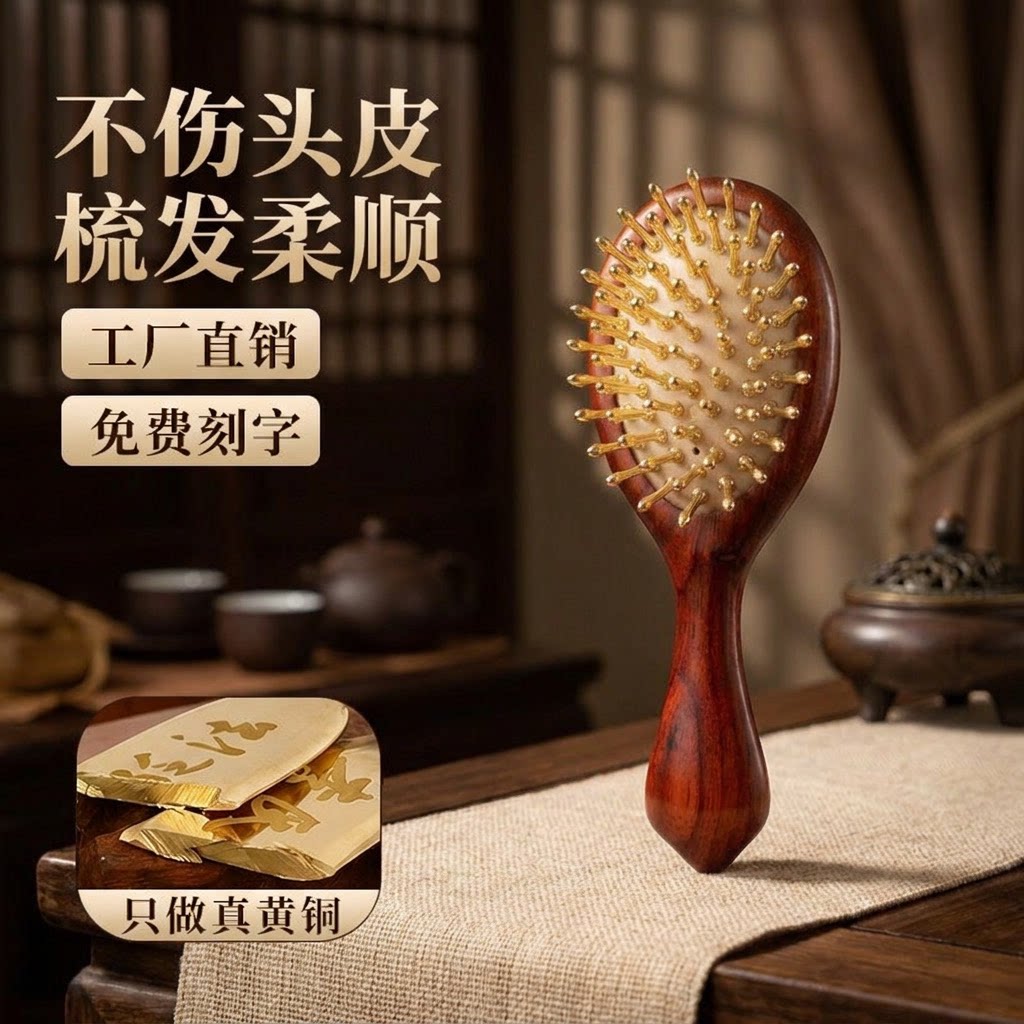 简素檀木黄铜气垫梳头部按摩梳紫檀木气囊按摩梳家用送礼