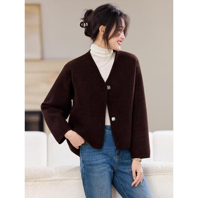 JOYIASS2025春秋新款V领双面呢针织外套女小个子宽松显瘦小香风上