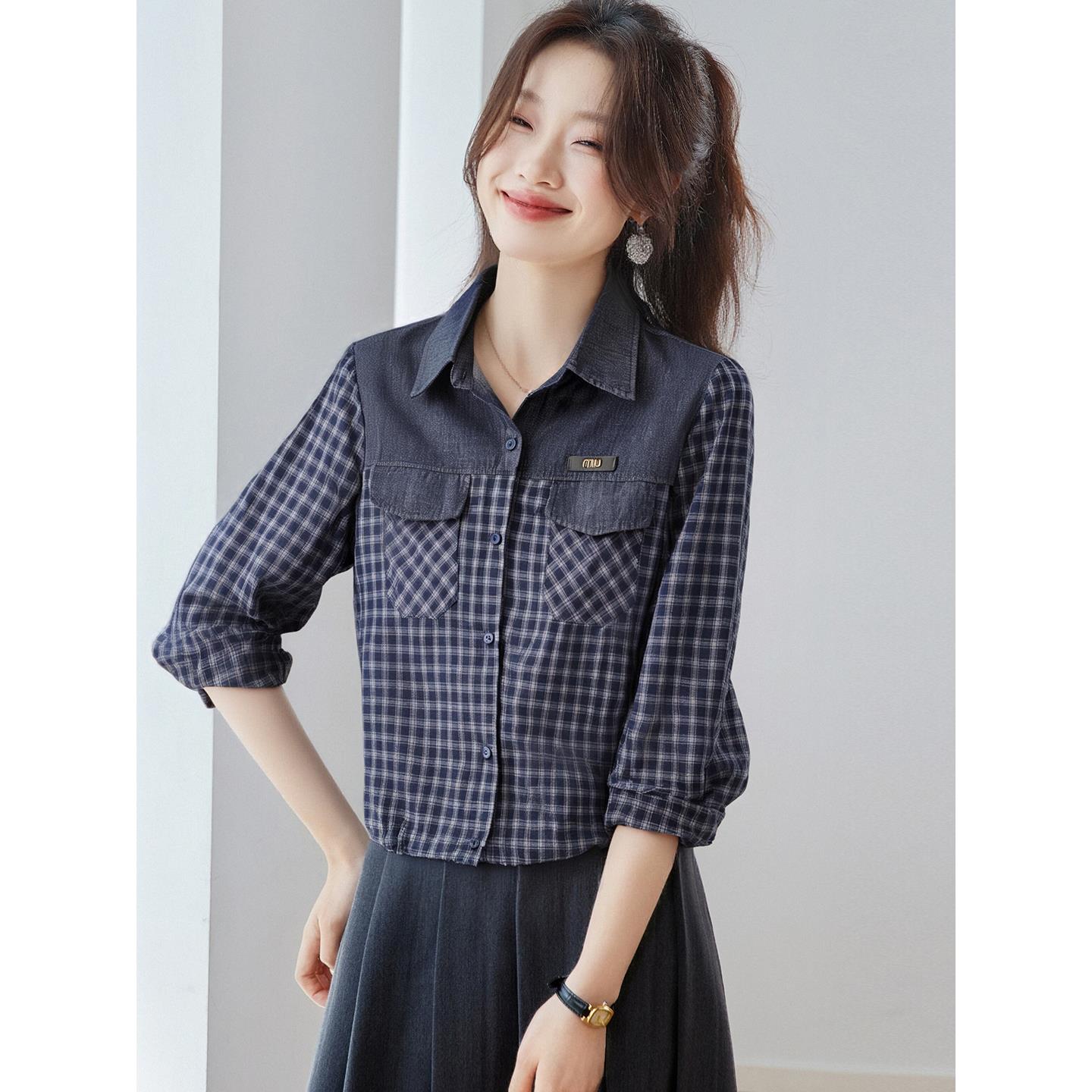 JOYIASS纯牛仔拼接格子衬衫女春秋2025新款时尚洋气宽松休闲长袖