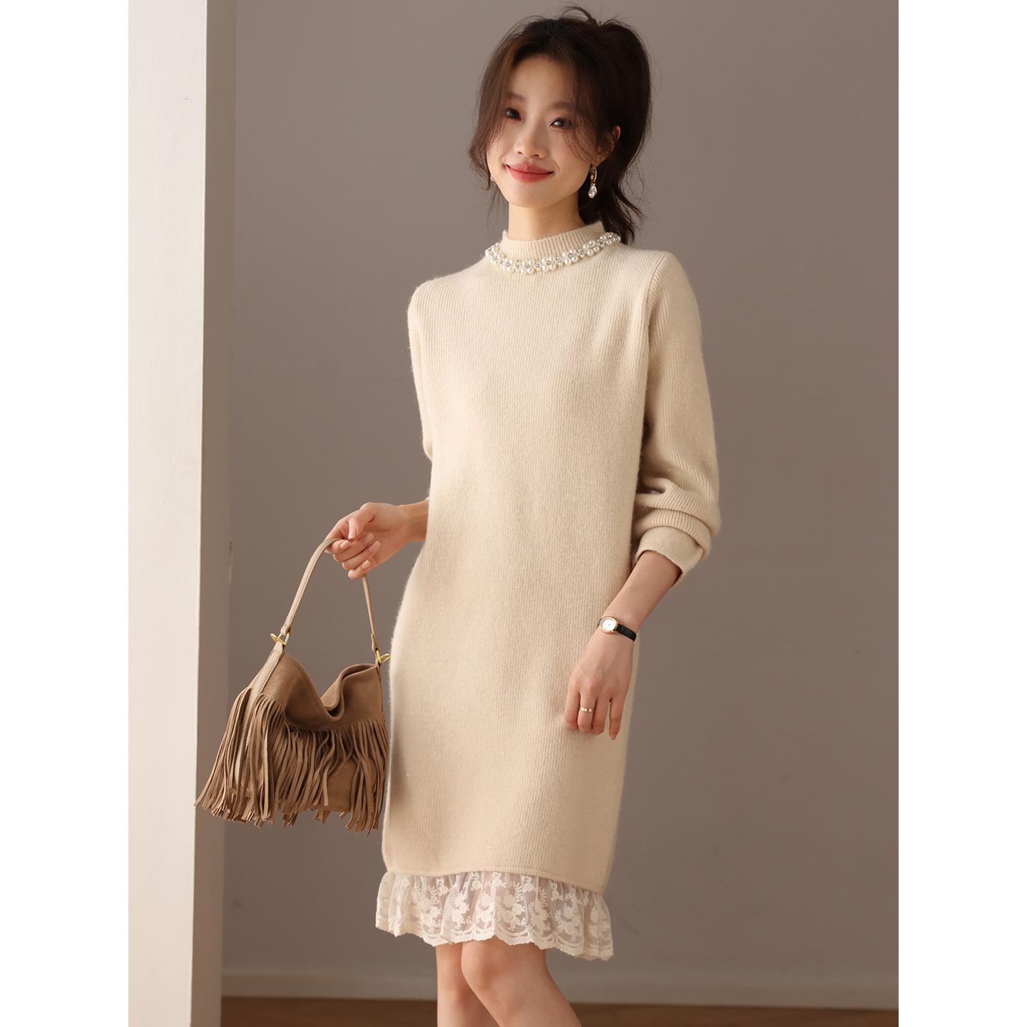 JOYIASS蕾丝拼接针织打底连衣裙女秋冬新款中长款加厚配大衣内搭