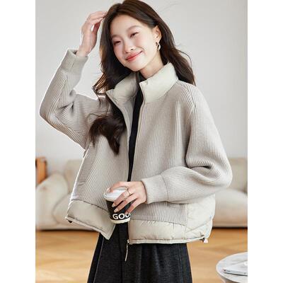 JOYIASS2025秋冬新款宽松加厚保暖服拼接针织开衫外套女短款小个