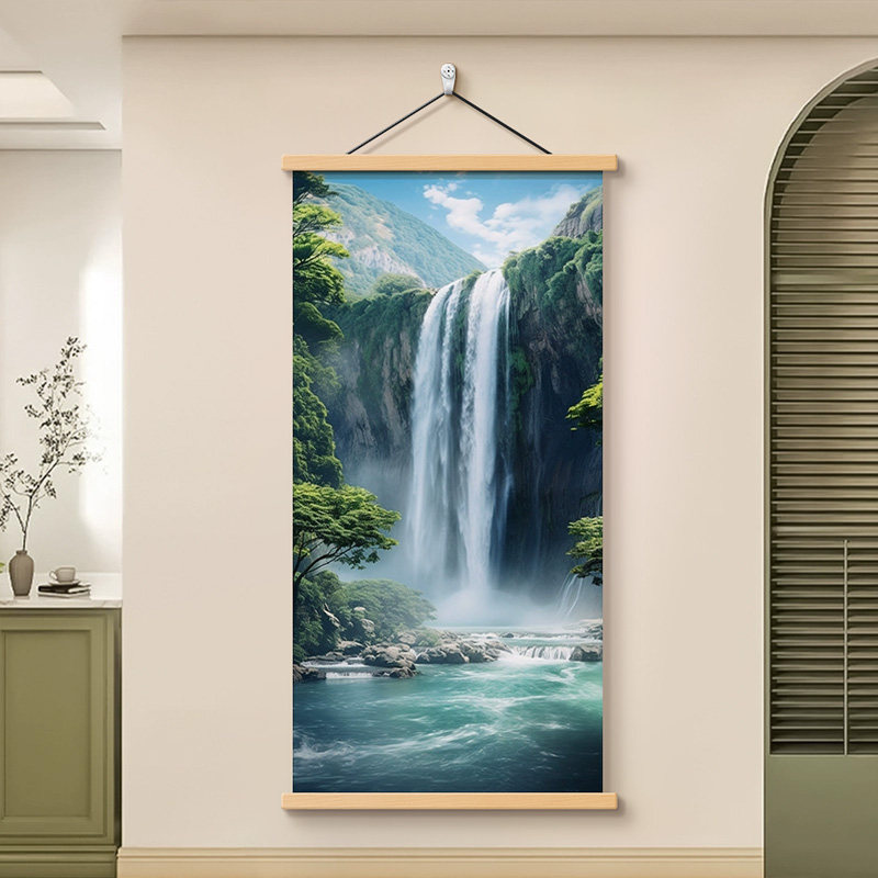 流水生财山水画进门入户玄关装饰画中式简约过道竖版高山流水挂画