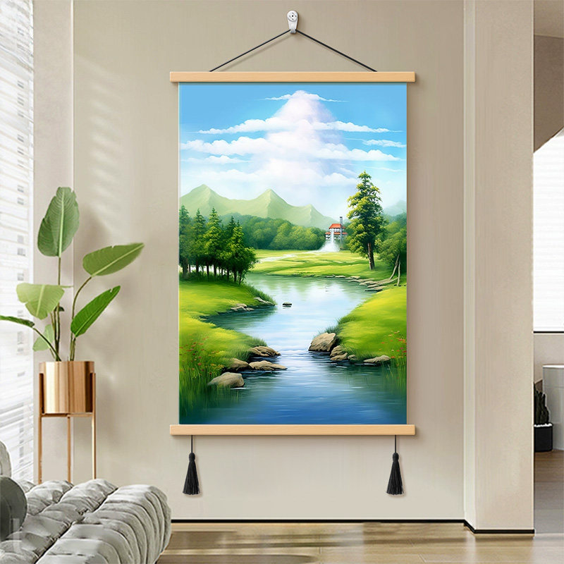 流水生财入户进门装饰画客厅背景墙挂画玄关走道餐厅山水风景壁画
