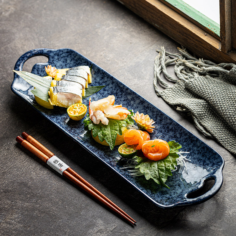 高颜值日式双耳陶瓷盘子寿司盘高级感点心盘摆盘串串盘刺身盘