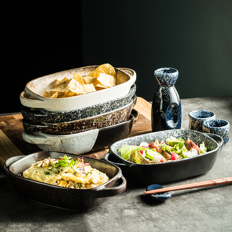 日式陶瓷双耳烤盘家用芝士焗饭盘子烤箱微波炉专用点心烘培盘创意