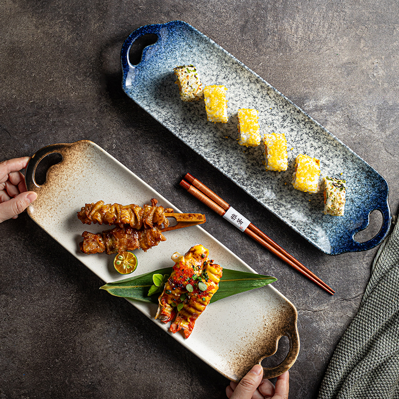 陶瓷双耳鱼盘烤箱烤盘双耳盘釉下彩长方形盘子寿司盘高颜值新款