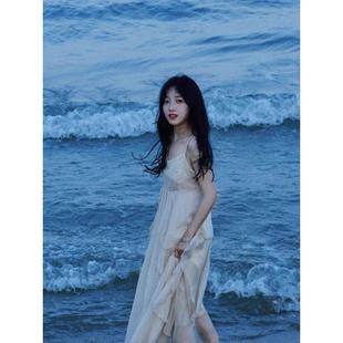 原版 沙滩吊带裙长裙新三亚 面料 吊带连衣裙海边度假连衣裙子夏季