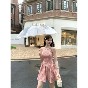 原版 收腰显瘦俏皮少女格纹吊带连衣裙女 面料 纯欲风甜美短裙夏季