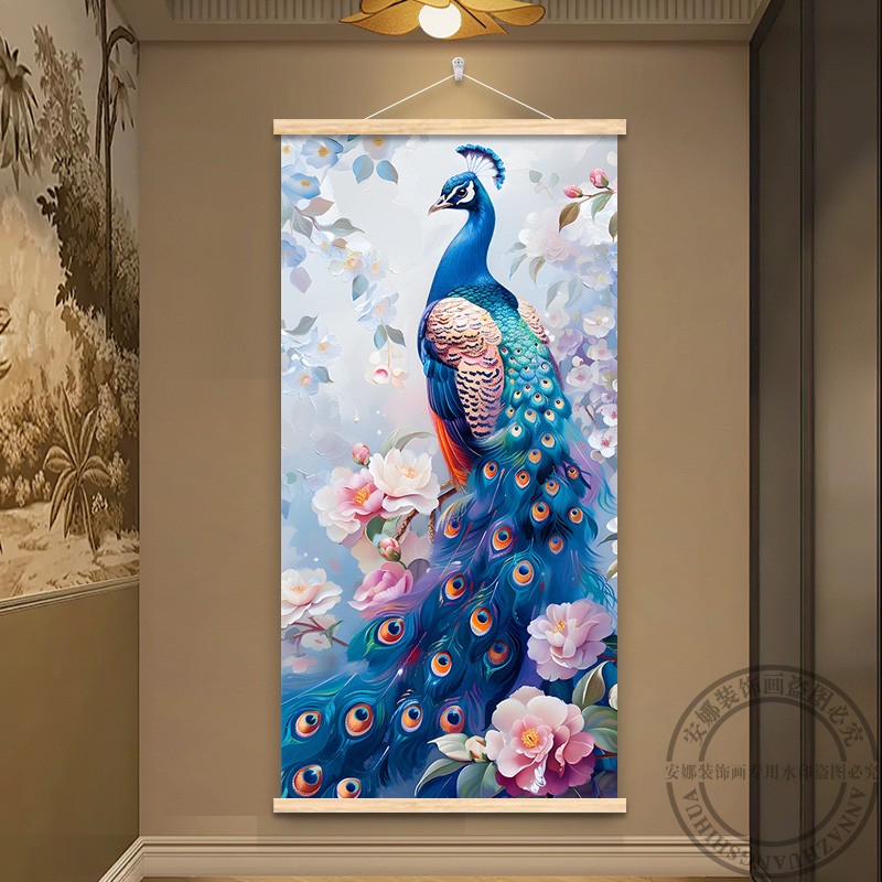 孔雀玄关装饰画现代简约壁画背景墙画入户走廊过道客厅遮挡挂画布图片