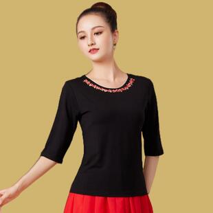 广场舞服装新款春夏季短袖上衣女跳舞衣服民族风莫代尔中袖舞蹈服