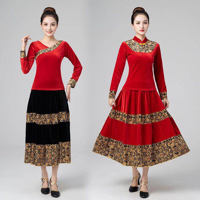 广场舞服装新款套装金丝绒长袖大摆裙秋冬古典民族舞蹈演出服
