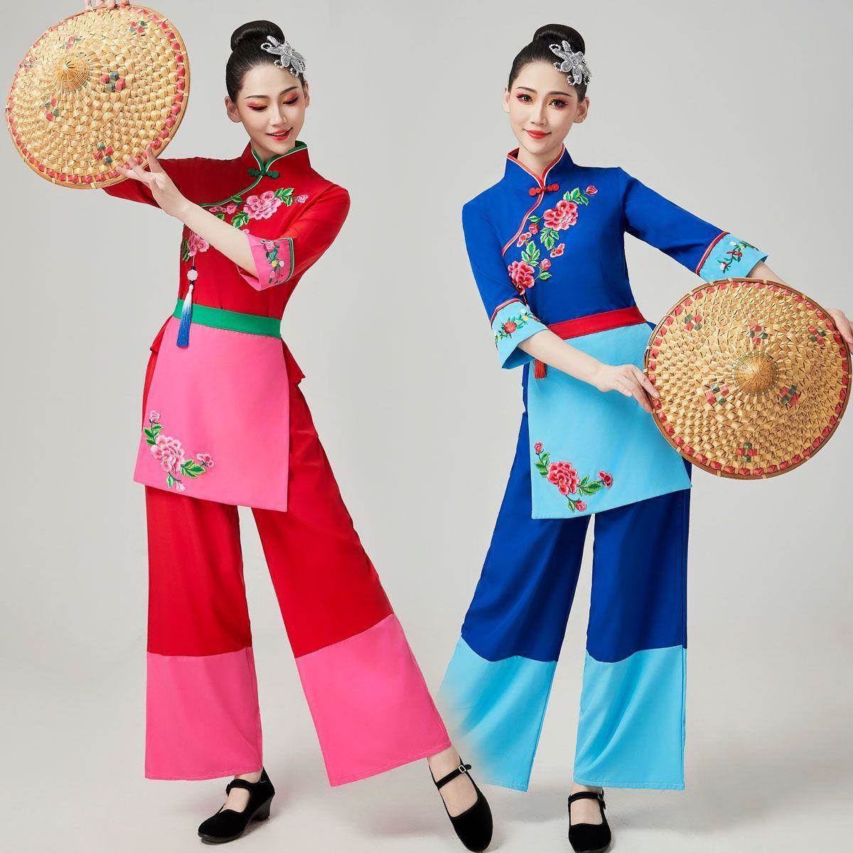 秧歌演出服装民族风斗笠舞蹈演出服2024新款村姑采茶舞喜庆套装