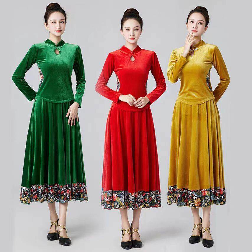 广场舞服装新款套装女上衣秋冬长袖金丝绒大摆裙民族风团队舞蹈服