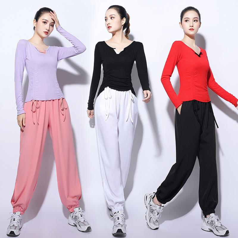 广场舞服装女春秋新款撞色双抽绳舞蹈服套装长袖显瘦舞蹈练功服女