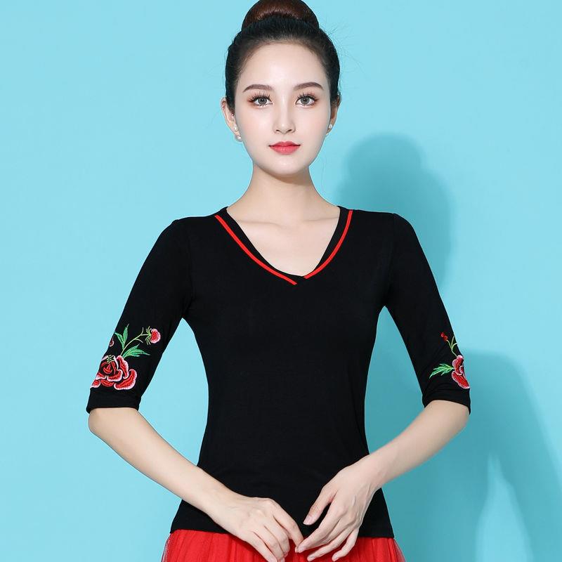 新款广场舞舞服绣花短袖中袖上衣跳舞服装莫代尔表演演出服