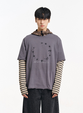 DIMC25SS假两件条纹白墨直喷印花长袖T恤 新款圆领男女青少年上衣