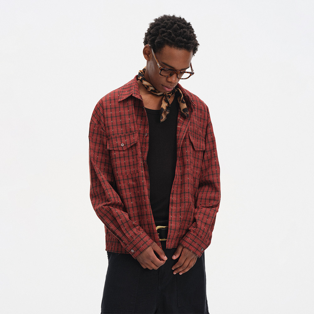 DIMC复古cleanfit色织格纹衬衫2026新年红色格子衫宽