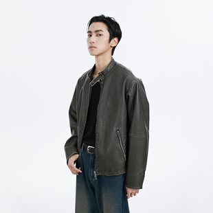 DIMC水洗哑光肌理复古PU皮衣 春秋潮流高级灰色双拉链皮夹克外套