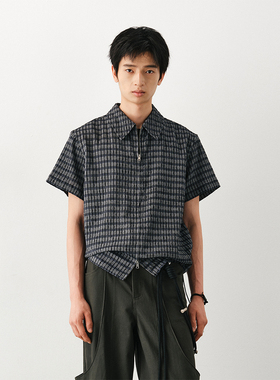 DIMC皱感肌理格纹拉链短袖衬衫 下摆抽绳束腰蓝色男女宽松衬衣