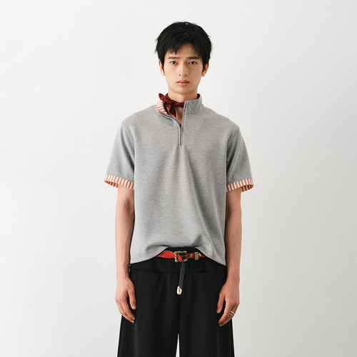 DIMC弹力混纺针织拼接立领POLO衫