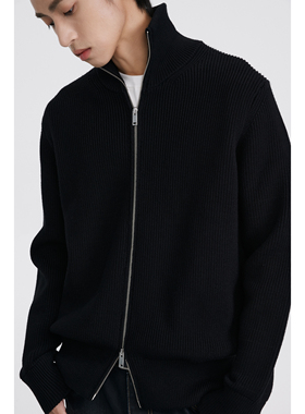 DIMC黑色立领修身双头拉链毛衣 秋冬时尚高级肌理针织外套