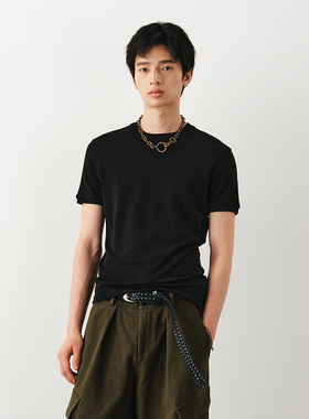 DIMC270克含羊毛轻柔罗纹纯色基础T恤 休闲黑色修身男女短袖