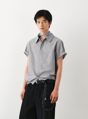 DIMC皱感肌理短袖衬衫 下摆抽绳束腰浅蓝色男女宽松衬衣