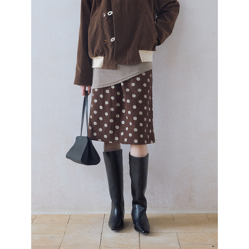 DIMC女装miu系洗水褪色波点半身裙复古松弛感棕色波点长裙