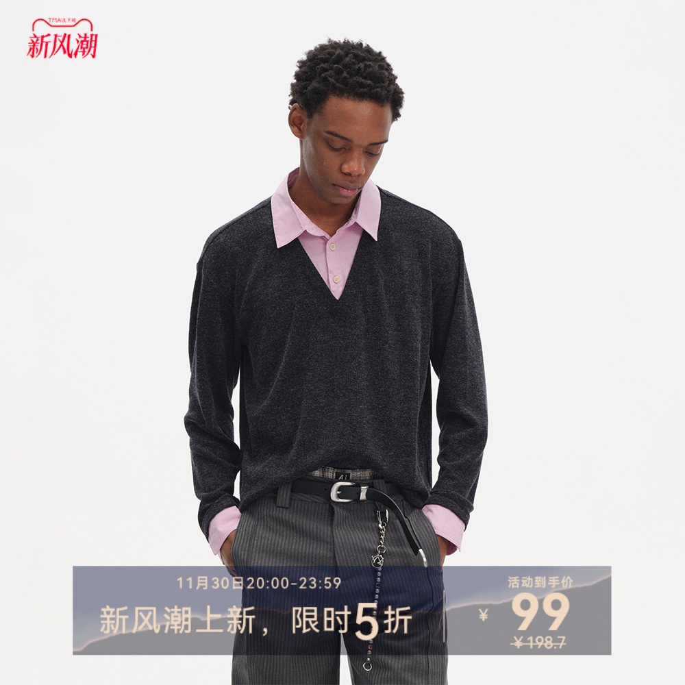 DIMC美式假两件拼色polo领针织长袖春秋季cleanfit内搭打底衫男女