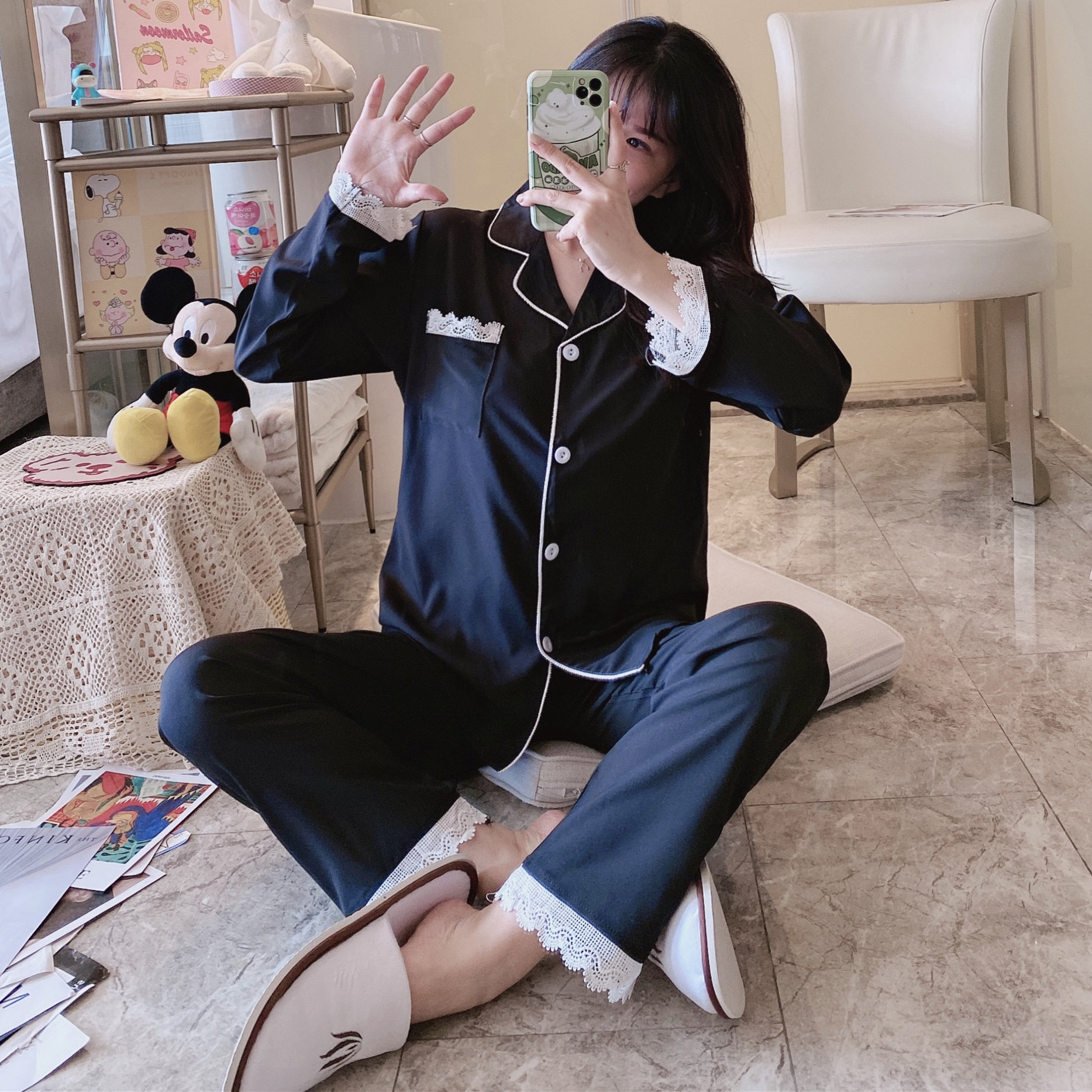 睡衣女秋冬款仿真丝绸花边长袖长裤两件套装开衫夏季可外穿家居服