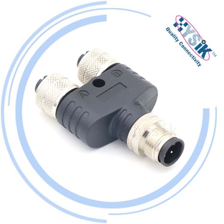 M12 y型连接器 3芯4芯5芯8芯三通分线器插头一公二母转接头