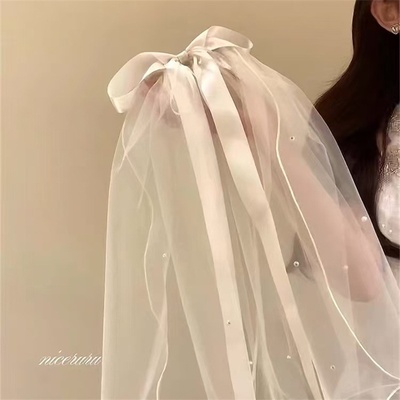 新娘头纱超仙蝴蝶结网纱弹簧夹珍珠流苏飘带领证登记求婚头饰发夹