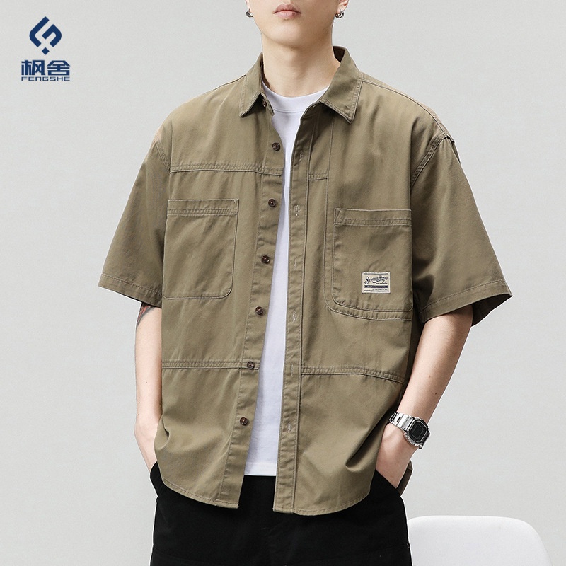 枫舍男装 /淘宝日系复古工装短袖衬衫男潮流休闲美式夏季半袖衬衣