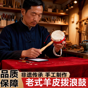拨浪鼓和哗啦棒老式手工非遗羊皮牛皮新生婴儿可啃咬传统木质儿童
