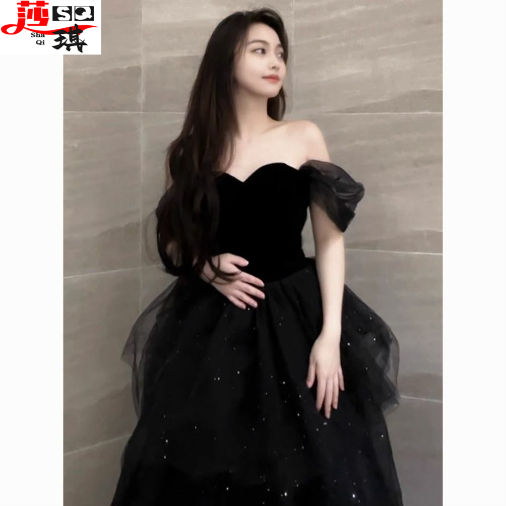 黑色晚礼服裙轻奢小众法式蓬蓬裙礼服/晚装