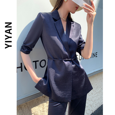 藏青国风西装套装女夏季轻薄西服