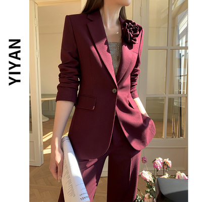 枣红色西装套装女春秋季气质西服