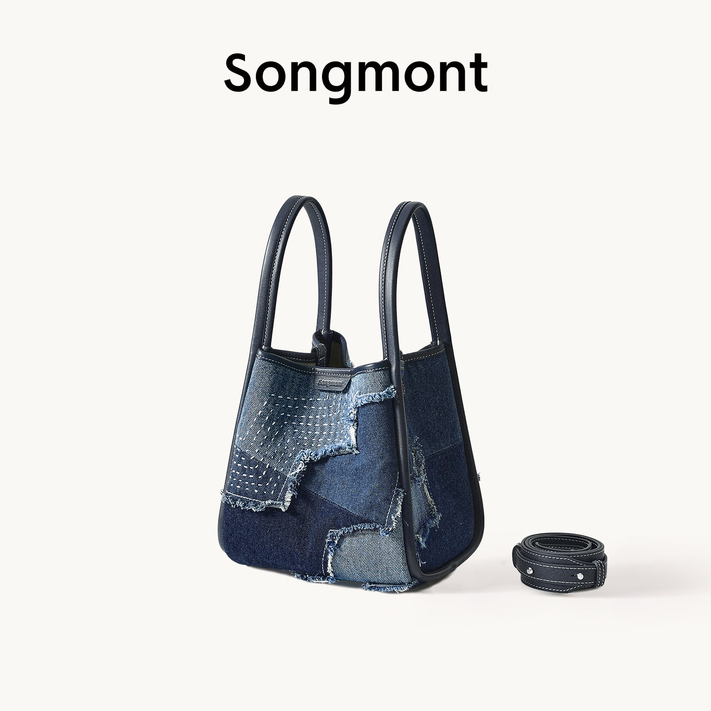 Songmont山下有松层蓝系列中号菜篮子新款通勤牛仔斜挎手提水桶包