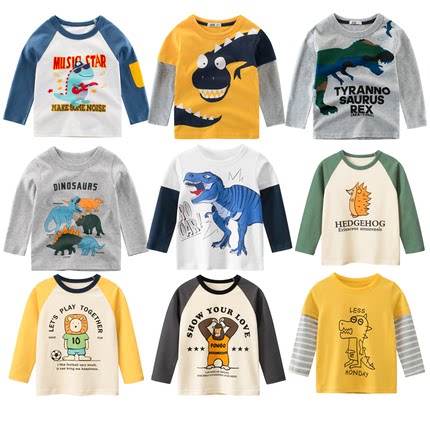 27kids品牌纯棉秋装卡通动物童装长袖T恤男童恐龙小熊儿童宝上衣
