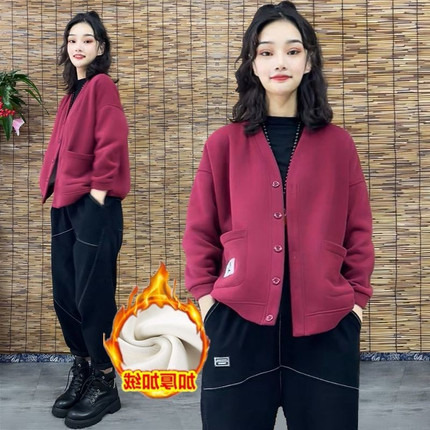 秋冬加绒小外套女短款开衫卫衣春款薄款百搭宽松外穿V领上衣潮ins