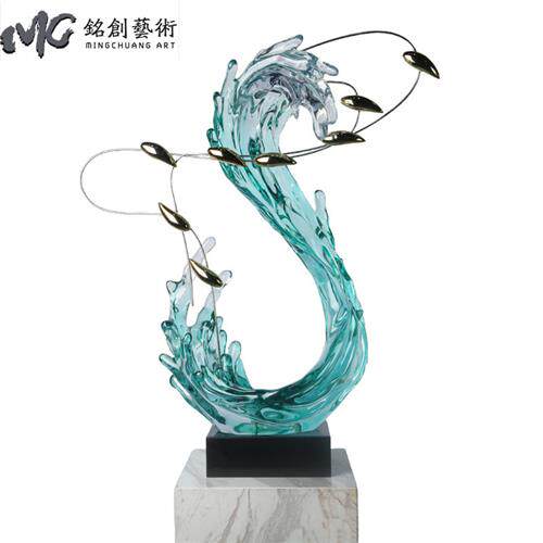 创意晶轻奢游鱼浪花雕塑客厅玄关走廊样板房新中式艺术品摆件