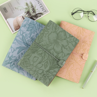 A5活页笔记本旅行立体花卉简约小清新手账本高颜值复古大学生女生可拆卸替换芯记事本软面绑带弹力绳日记本子